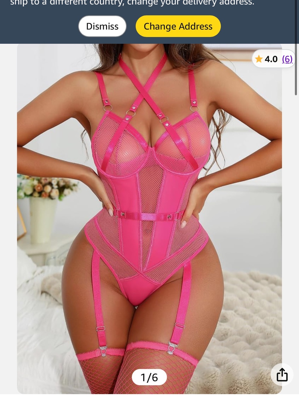 Hot Pink Mesh Strappy Bodysuit with Garter Detail